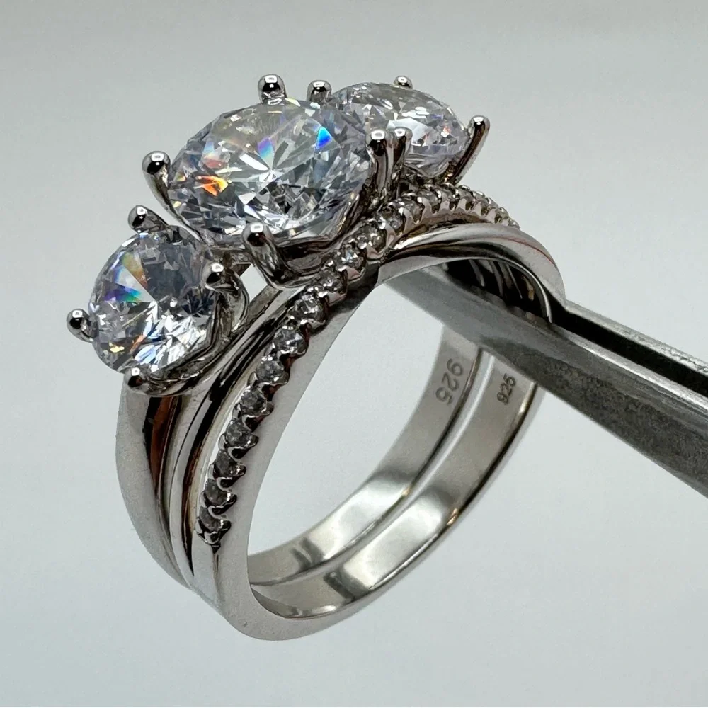 925 Sterling Silver CZ 3 Stone Engagement Ring Set Size 8
